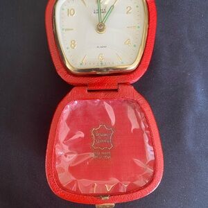 Vintage Linden Black Forest Travel Alarm Clock Red Leather Case Germany